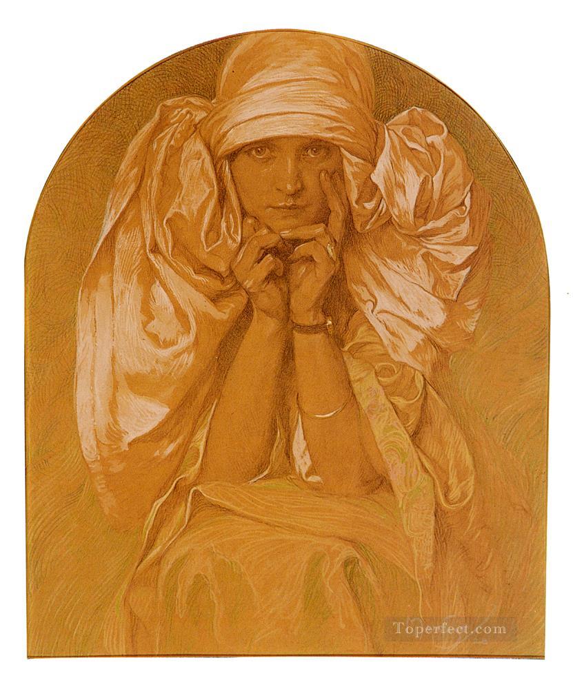 芸術家の娘ヤロスラヴァの肖像画チェコ アール ヌーボー独特のアルフォンス ミュシャ油絵